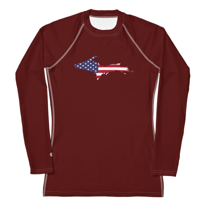 Michigan Upper Peninsula Rash Guard (w/ UP USA Flag) | Women's - Cherrywood Color