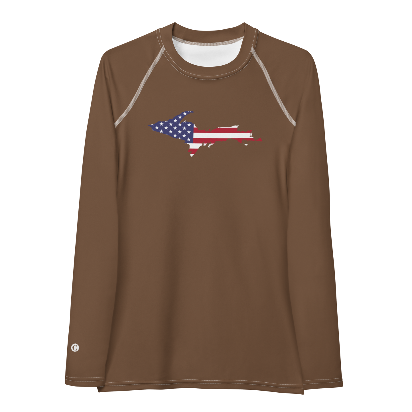 Michigan Upper Peninsula Rash Guard (w/ UP USA Flag) | Women's - Coffee Color