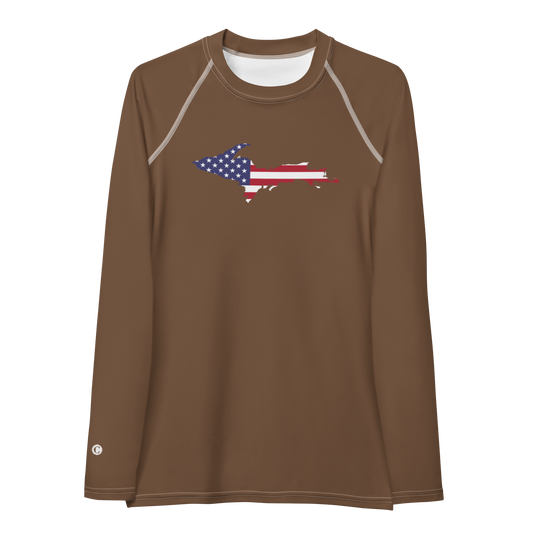 Michigan Upper Peninsula Rash Guard (w/ UP USA Flag) | Women's - Coffee Color