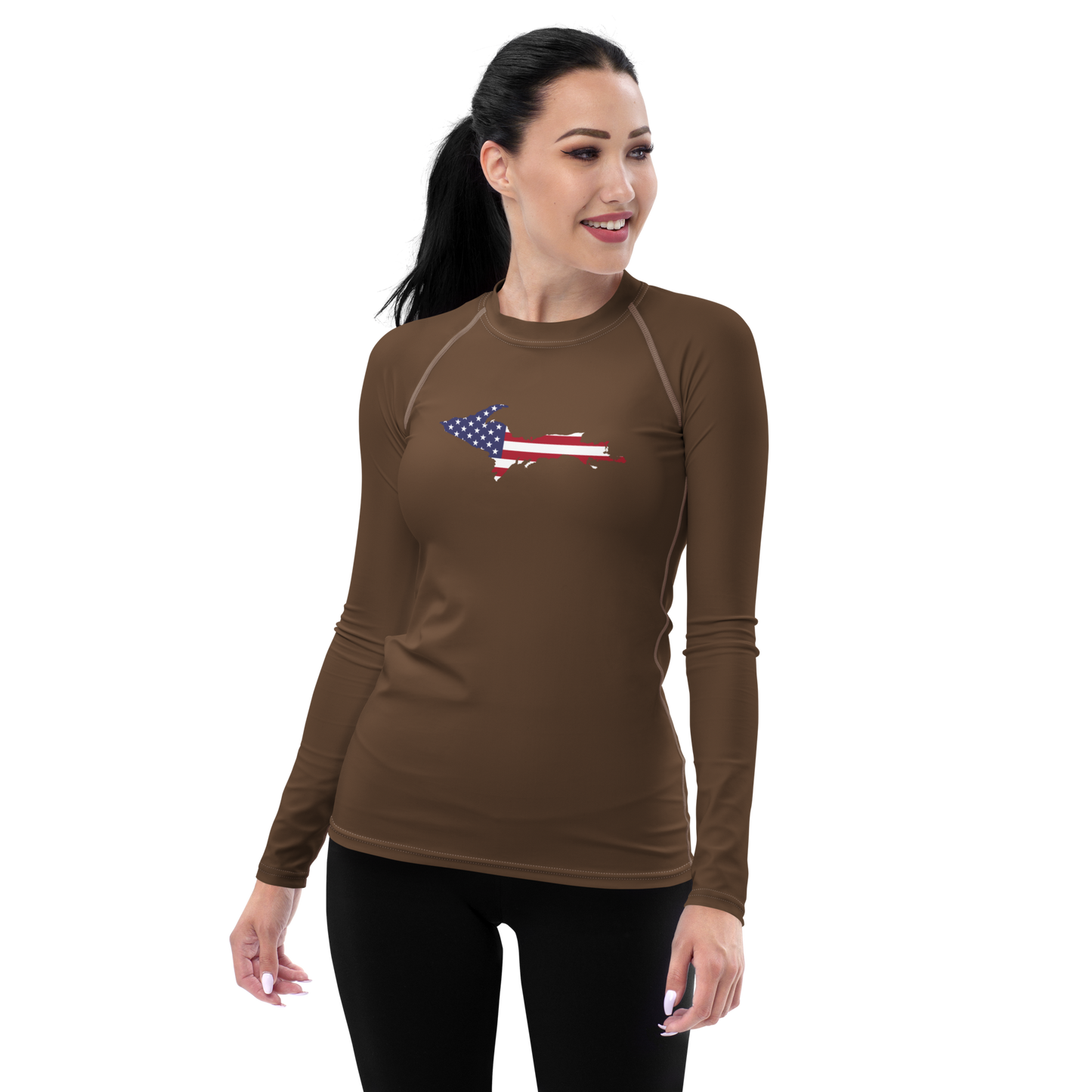 Michigan Upper Peninsula Rash Guard (w/ UP USA Flag) | Women's - Coffee Color