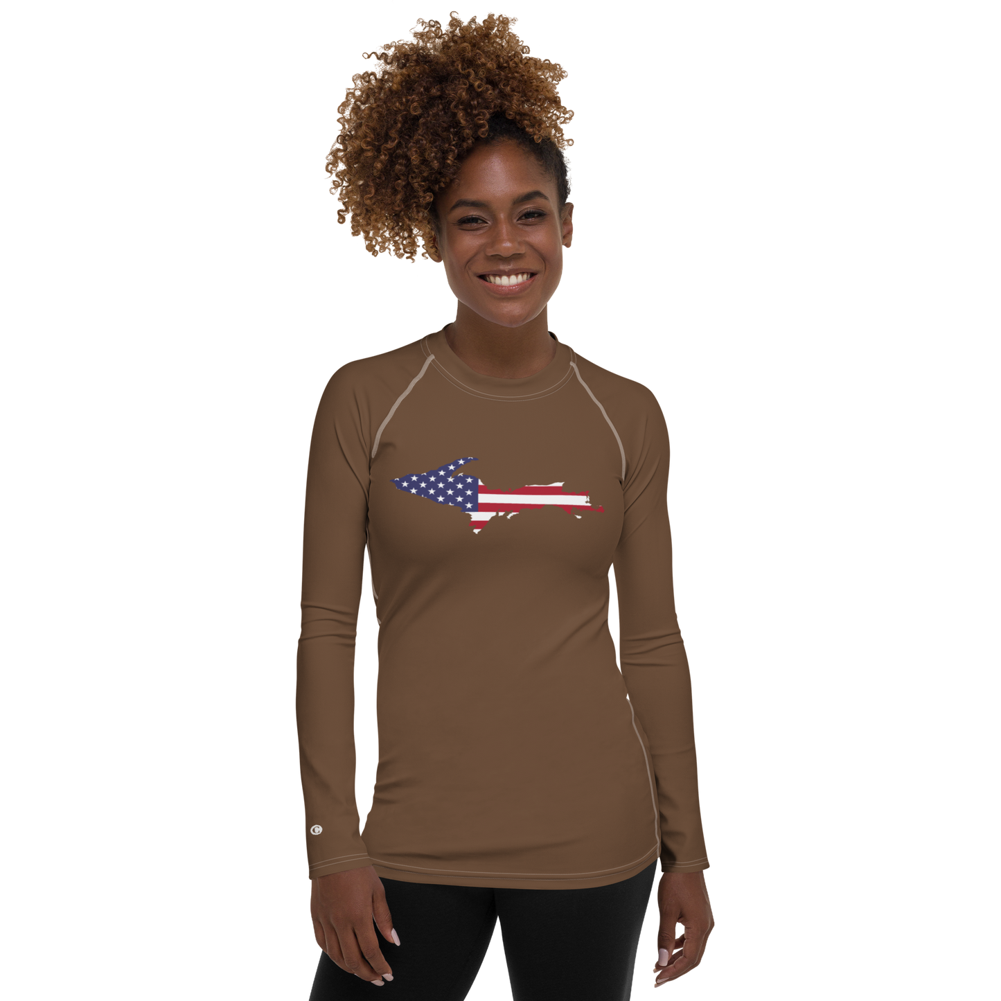 Michigan Upper Peninsula Rash Guard (w/ UP USA Flag) | Women's - Coffee Color