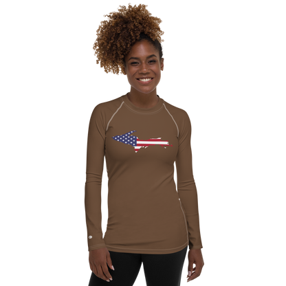 Michigan Upper Peninsula Rash Guard (w/ UP USA Flag) | Women's - Coffee Color