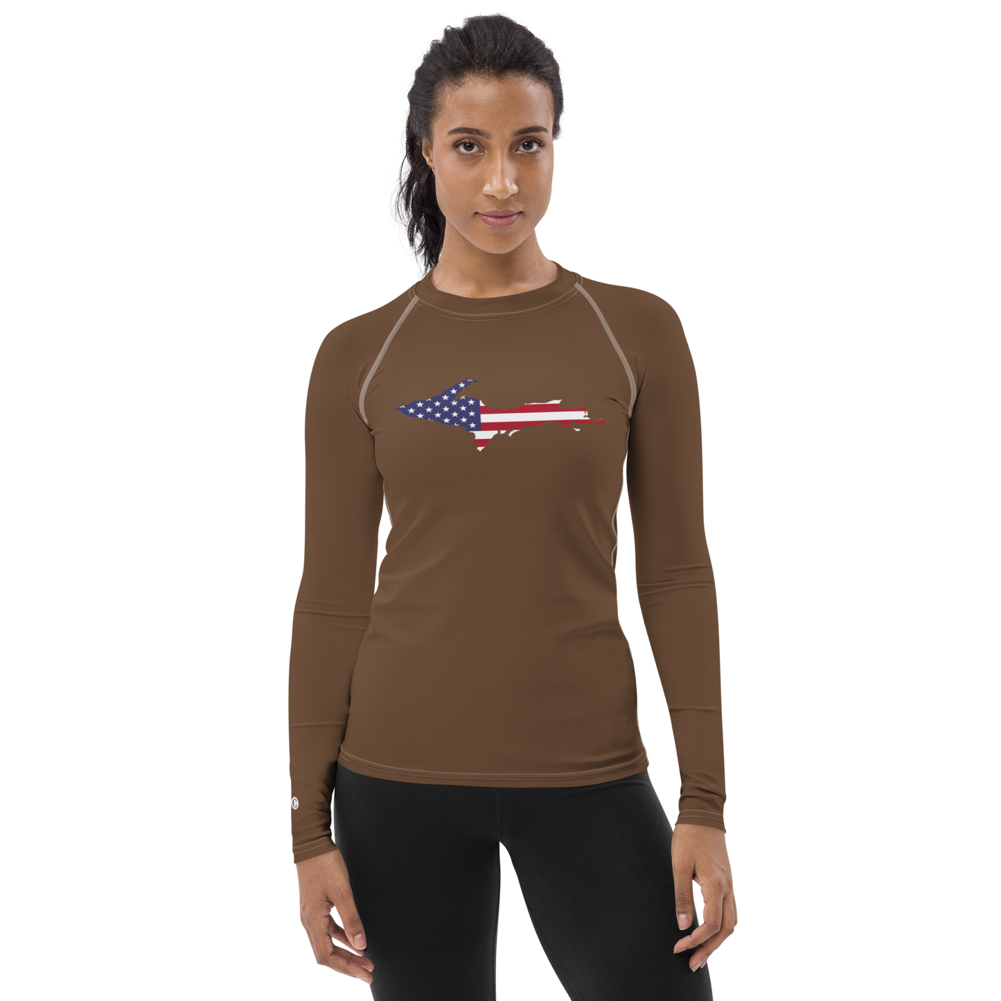 Michigan Upper Peninsula Rash Guard (w/ UP USA Flag) | Women's - Coffee Color