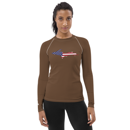 Michigan Upper Peninsula Rash Guard (w/ UP USA Flag) | Women's - Coffee Color