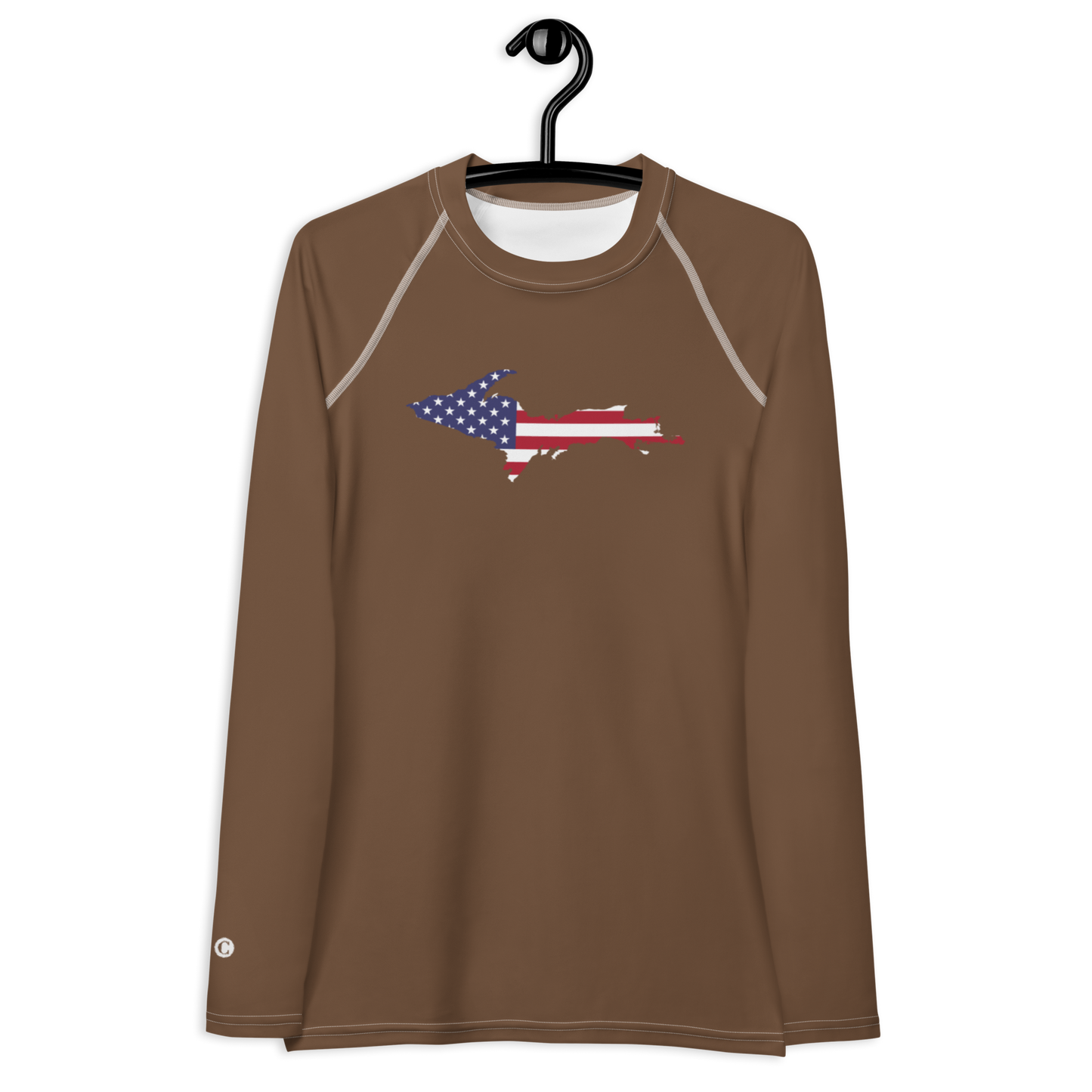 Michigan Upper Peninsula Rash Guard (w/ UP USA Flag) | Women's - Coffee Color