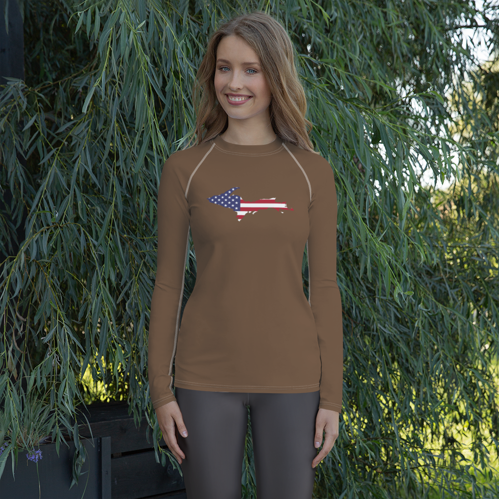 Michigan Upper Peninsula Rash Guard (w/ UP USA Flag) | Women's - Coffee Color