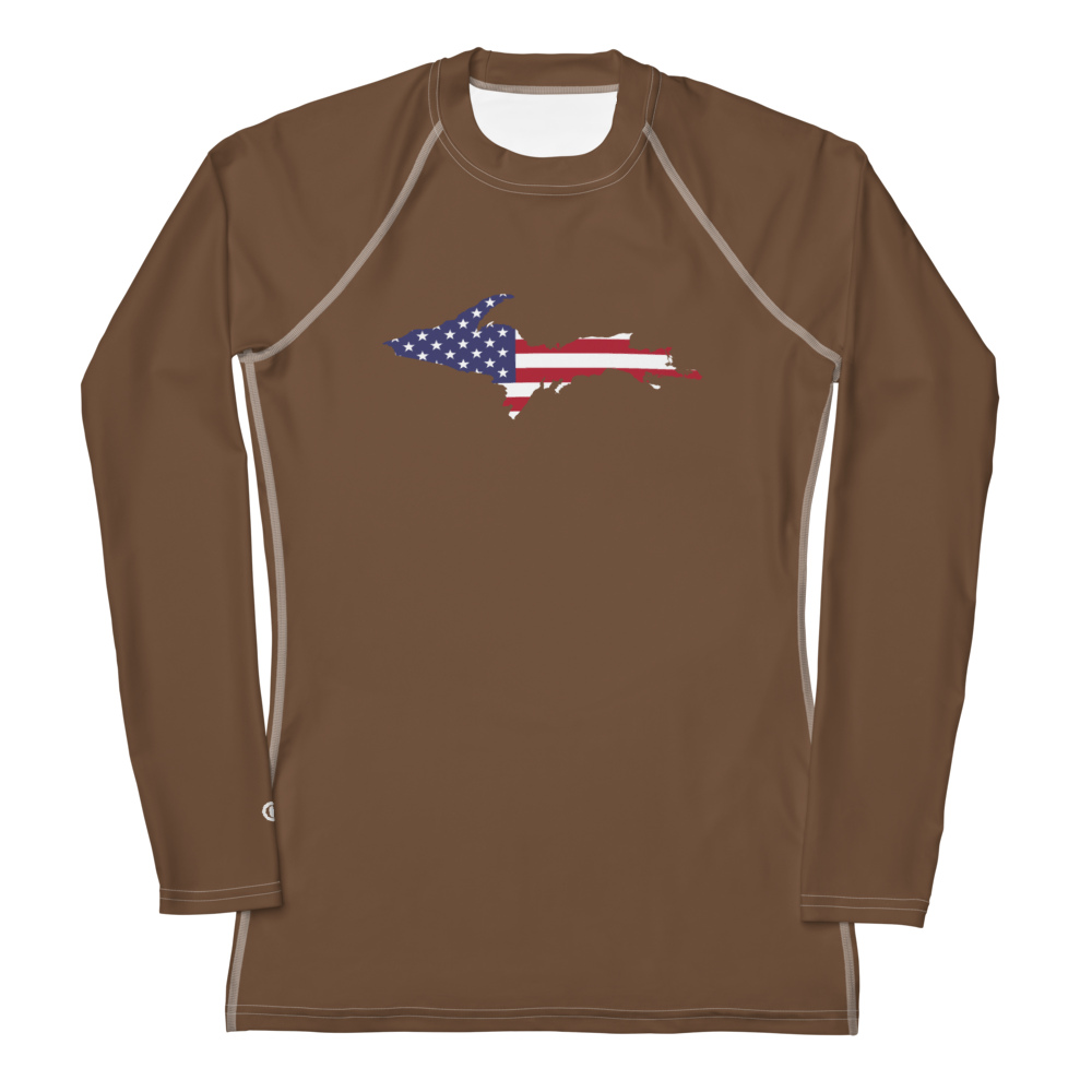 Michigan Upper Peninsula Rash Guard (w/ UP USA Flag) | Women's - Coffee Color