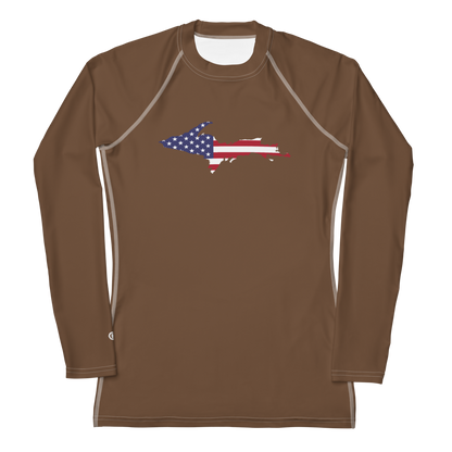 Michigan Upper Peninsula Rash Guard (w/ UP USA Flag) | Women's - Coffee Color