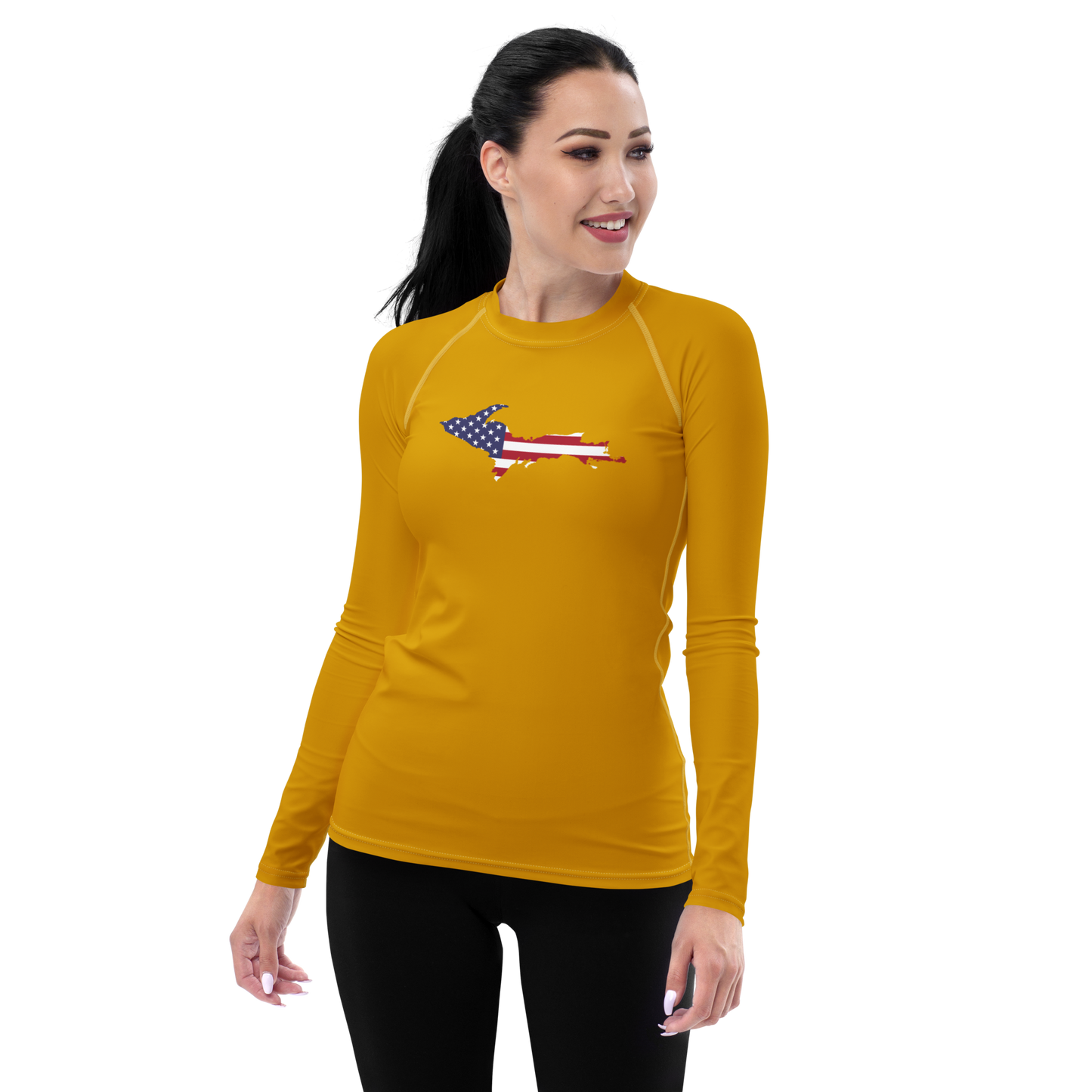 Michigan Upper Peninsula Rash Guard (w/ UP USA Flag) | Women's - Gold