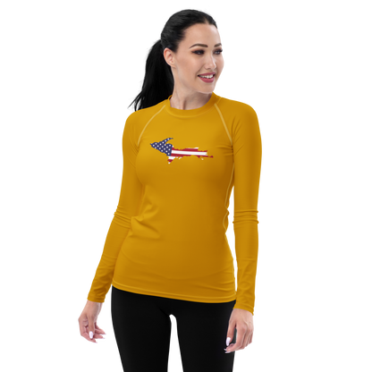 Michigan Upper Peninsula Rash Guard (w/ UP USA Flag) | Women's - Gold