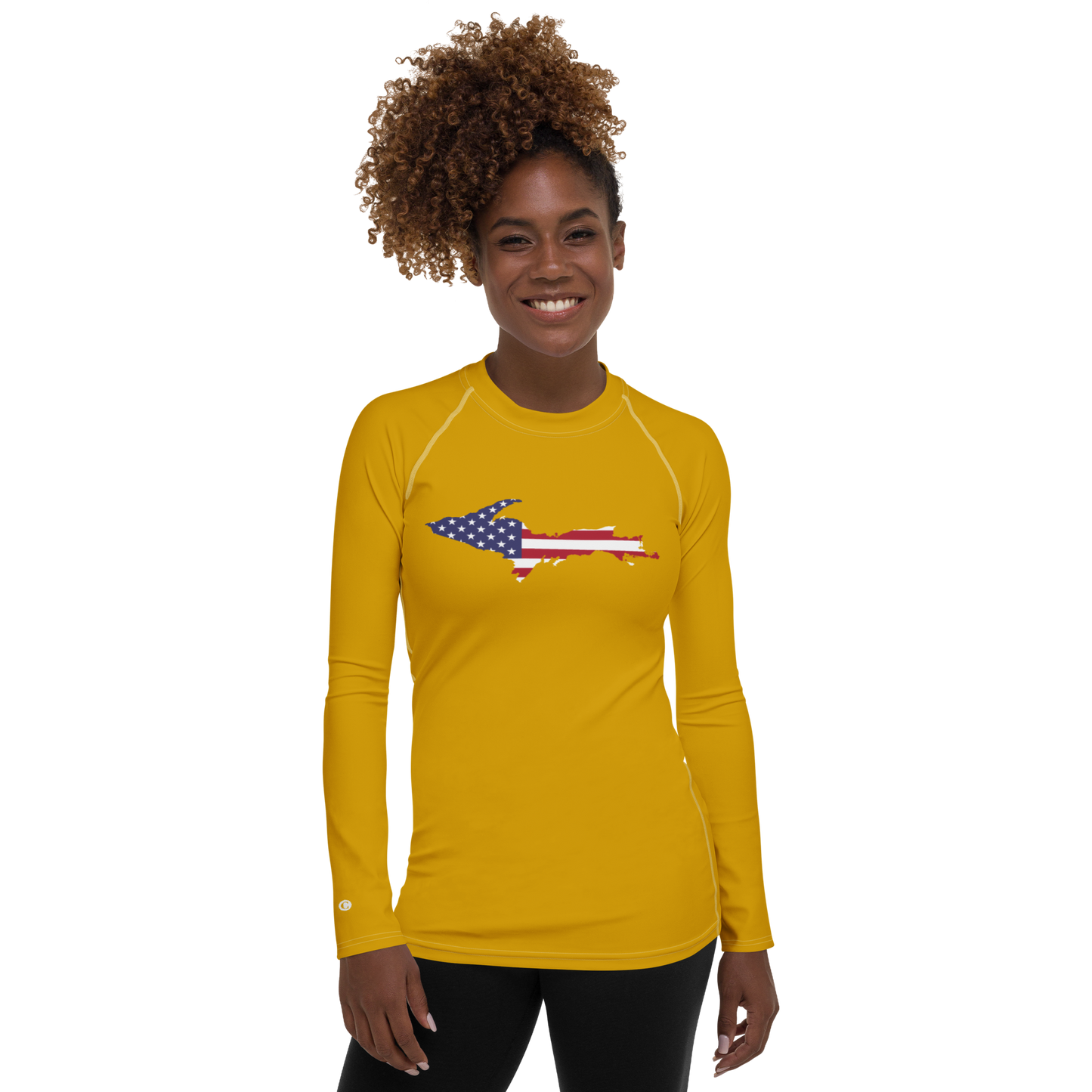 Michigan Upper Peninsula Rash Guard (w/ UP USA Flag) | Women's - Gold