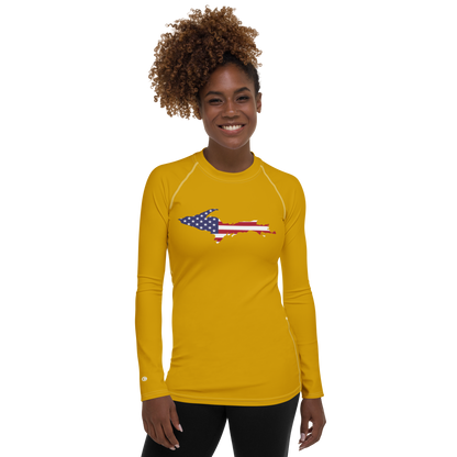 Michigan Upper Peninsula Rash Guard (w/ UP USA Flag) | Women's - Gold