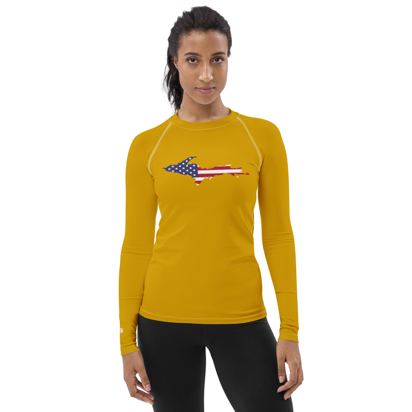 Michigan Upper Peninsula Rash Guard (w/ UP USA Flag) | Women's - Gold