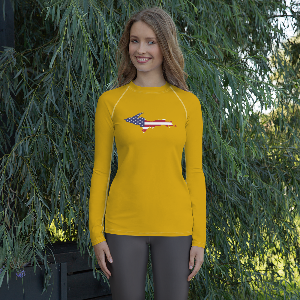 Michigan Upper Peninsula Rash Guard (w/ UP USA Flag) | Women's - Gold