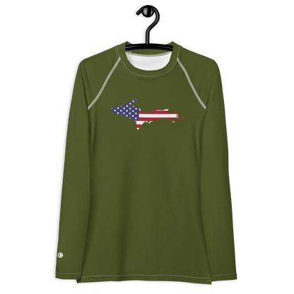 Michigan Upper Peninsula Rash Guard (w/ UP USA Flag) | Women's - Army Green