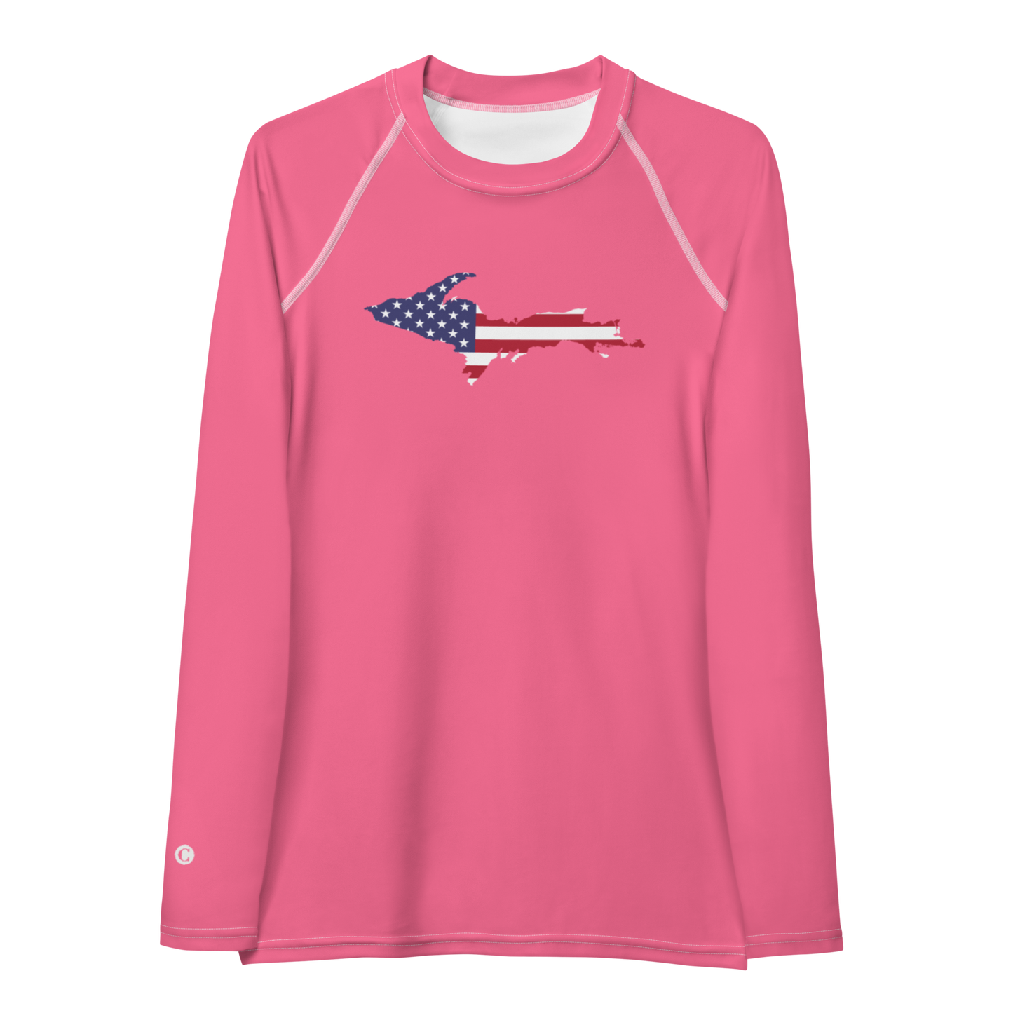 Michigan Upper Peninsula Rash Guard (w/ UP USA Flag) | Women's - Rhodochrosite Pink