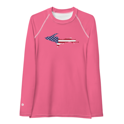 Michigan Upper Peninsula Rash Guard (w/ UP USA Flag) | Women's - Rhodochrosite Pink