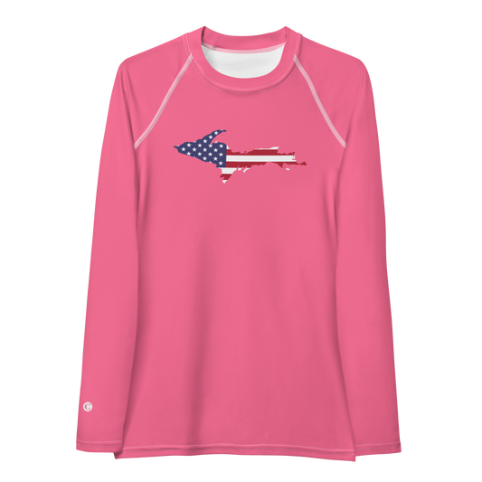 Michigan Upper Peninsula Rash Guard (w/ UP USA Flag) | Women's - Rhodochrosite Pink