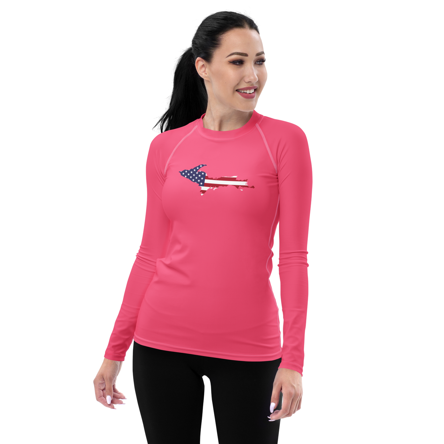 Michigan Upper Peninsula Rash Guard (w/ UP USA Flag) | Women's - Rhodochrosite Pink