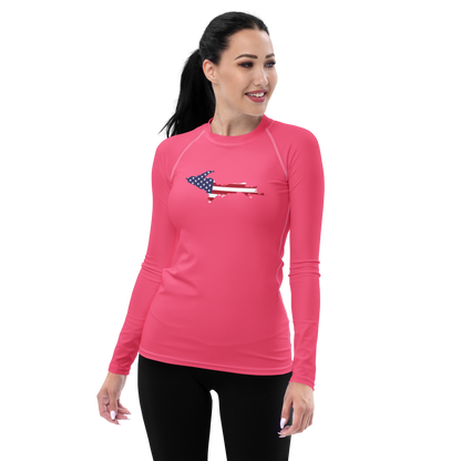 Michigan Upper Peninsula Rash Guard (w/ UP USA Flag) | Women's - Rhodochrosite Pink