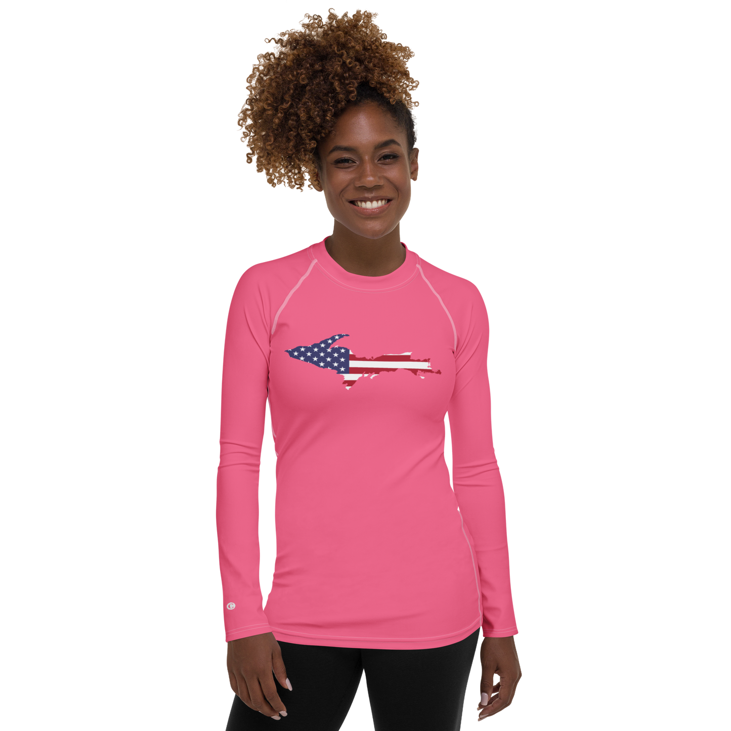 Michigan Upper Peninsula Rash Guard (w/ UP USA Flag) | Women's - Rhodochrosite Pink