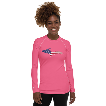 Michigan Upper Peninsula Rash Guard (w/ UP USA Flag) | Women's - Rhodochrosite Pink