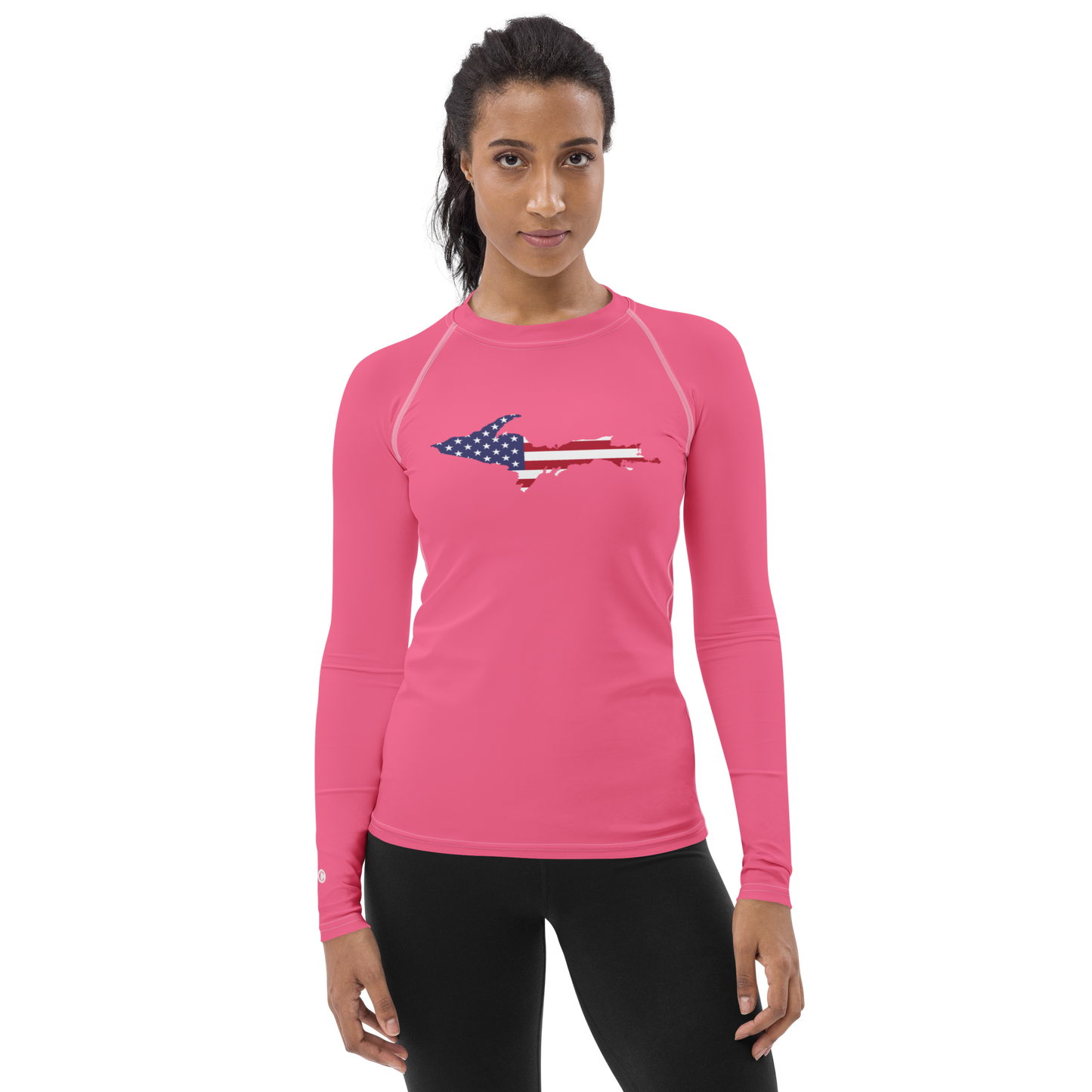 Michigan Upper Peninsula Rash Guard (w/ UP USA Flag) | Women's - Rhodochrosite Pink