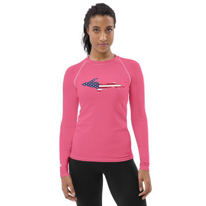 Michigan Upper Peninsula Rash Guard (w/ UP USA Flag) | Women's - Rhodochrosite Pink