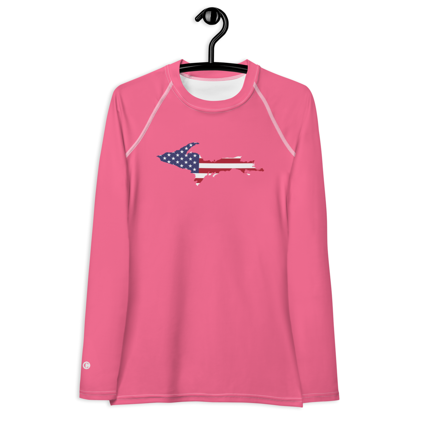 Michigan Upper Peninsula Rash Guard (w/ UP USA Flag) | Women's - Rhodochrosite Pink