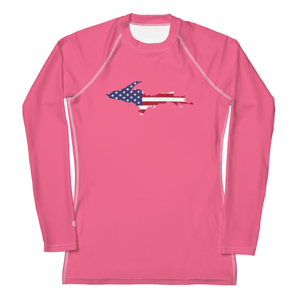 Michigan Upper Peninsula Rash Guard (w/ UP USA Flag) | Women's - Rhodochrosite Pink