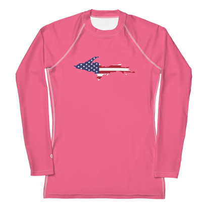 Michigan Upper Peninsula Rash Guard (w/ UP USA Flag) | Women's - Rhodochrosite Pink