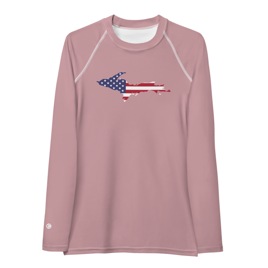 Michigan Upper Peninsula Rash Guard (w/ UP USA Flag) | Women's - Cherry Blossom Pink