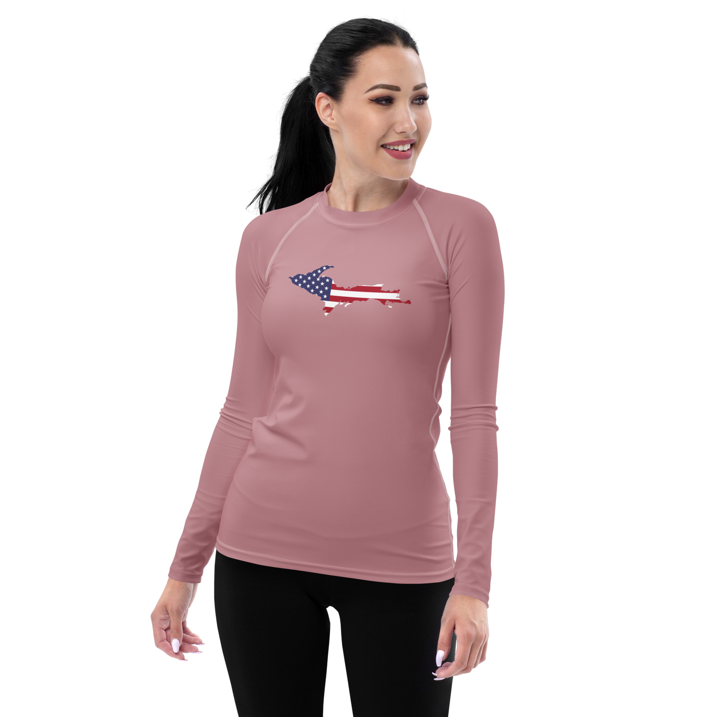 Michigan Upper Peninsula Rash Guard (w/ UP USA Flag) | Women's - Cherry Blossom Pink