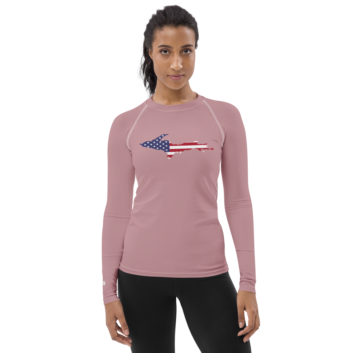 Michigan Upper Peninsula Rash Guard (w/ UP USA Flag) | Women's - Cherry Blossom Pink