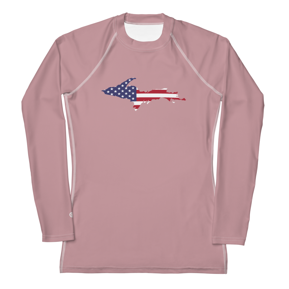 Michigan Upper Peninsula Rash Guard (w/ UP USA Flag) | Women's - Cherry Blossom Pink