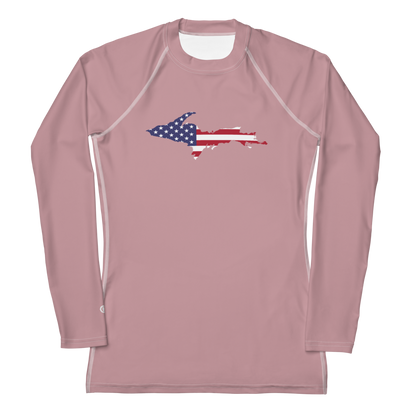 Michigan Upper Peninsula Rash Guard (w/ UP USA Flag) | Women's - Cherry Blossom Pink