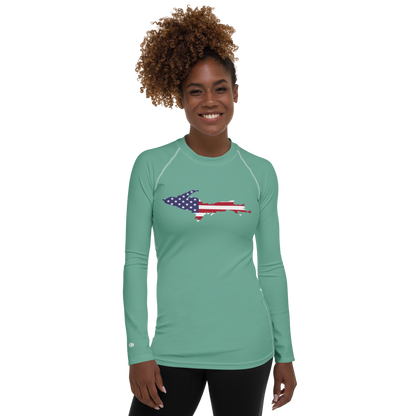 Michigan Upper Peninsula Rash Guard (w/ UP USA Flag) | Women's - Metallic Mint Green