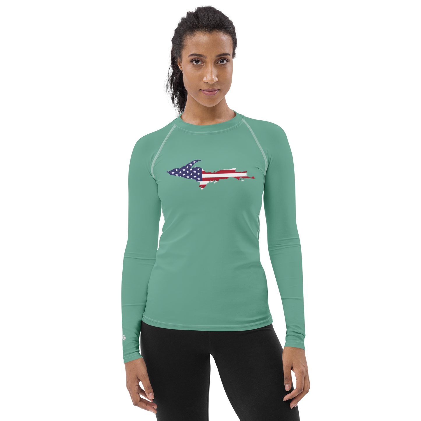 Michigan Upper Peninsula Rash Guard (w/ UP USA Flag) | Women's - Metallic Mint Green