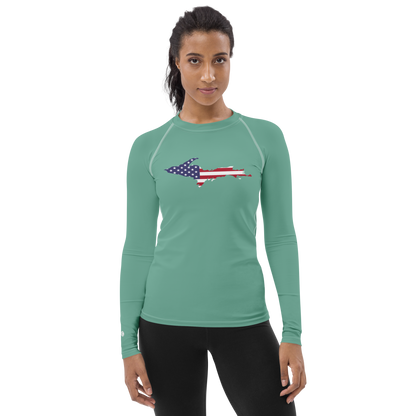 Michigan Upper Peninsula Rash Guard (w/ UP USA Flag) | Women's - Metallic Mint Green