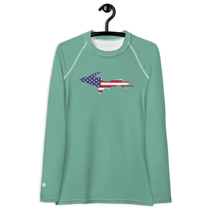 Michigan Upper Peninsula Rash Guard (w/ UP USA Flag) | Women's - Metallic Mint Green