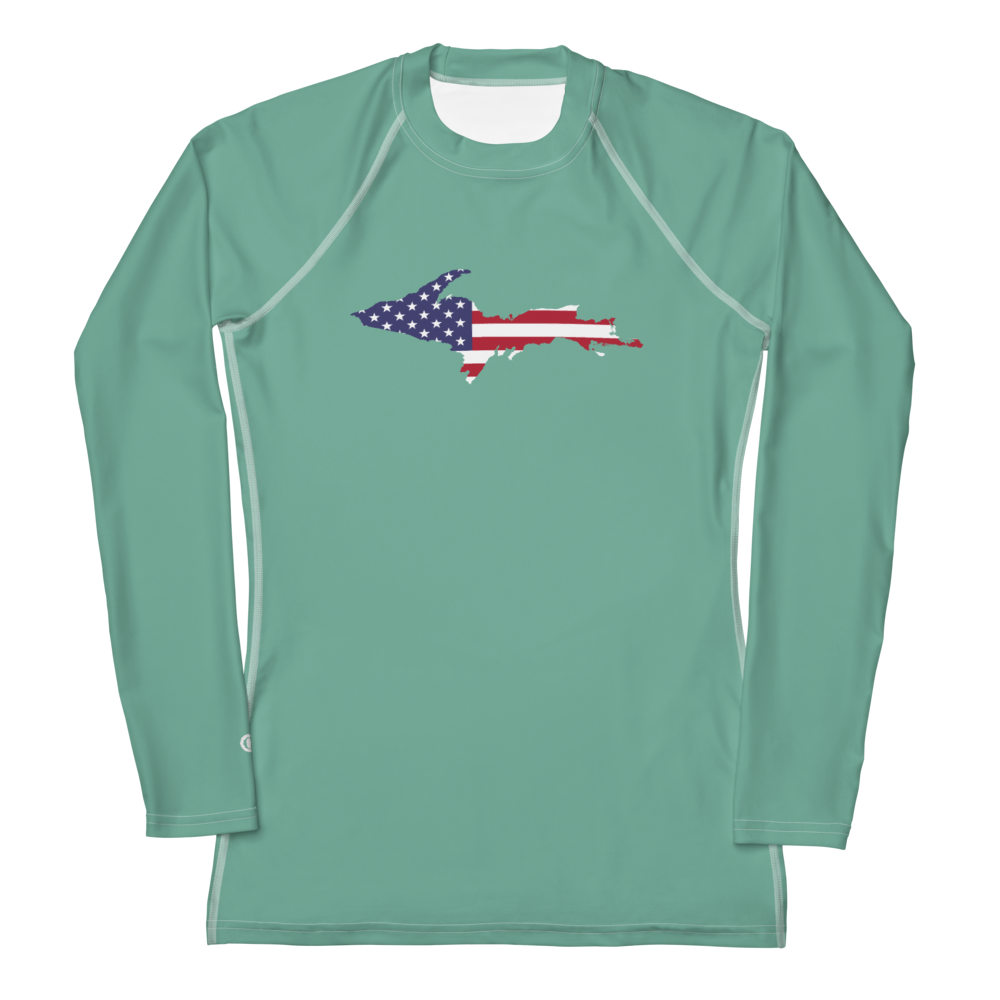 Michigan Upper Peninsula Rash Guard (w/ UP USA Flag) | Women's - Metallic Mint Green