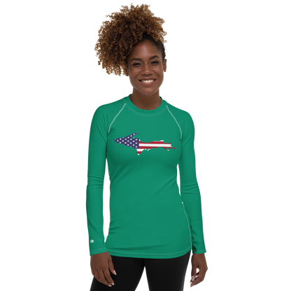 Michigan Upper Peninsula Rash Guard (w/ UP USA Flag) | Women's - Emerald Green