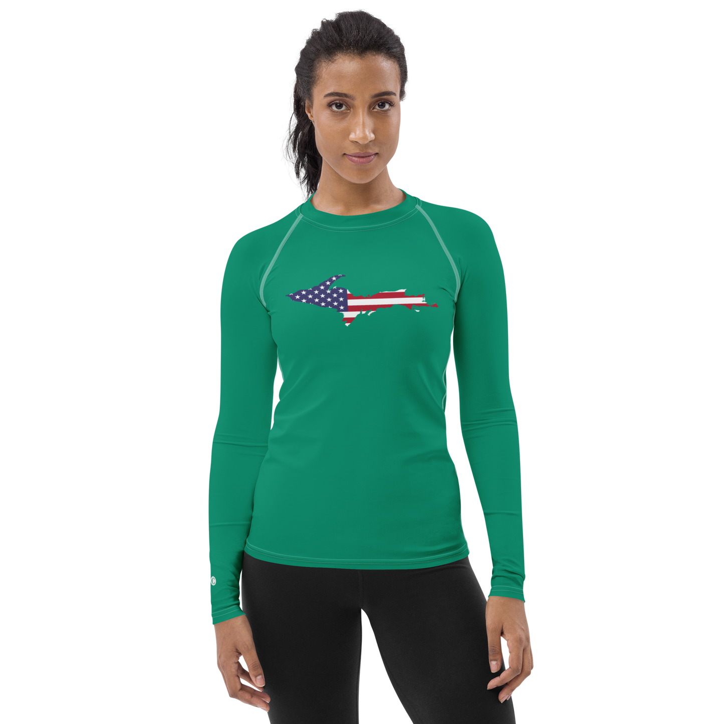 Michigan Upper Peninsula Rash Guard (w/ UP USA Flag) | Women's - Emerald Green