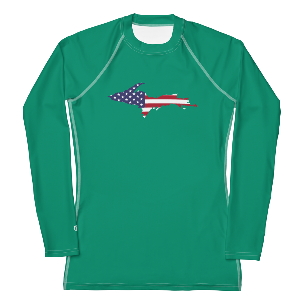 Michigan Upper Peninsula Rash Guard (w/ UP USA Flag) | Women's - Emerald Green