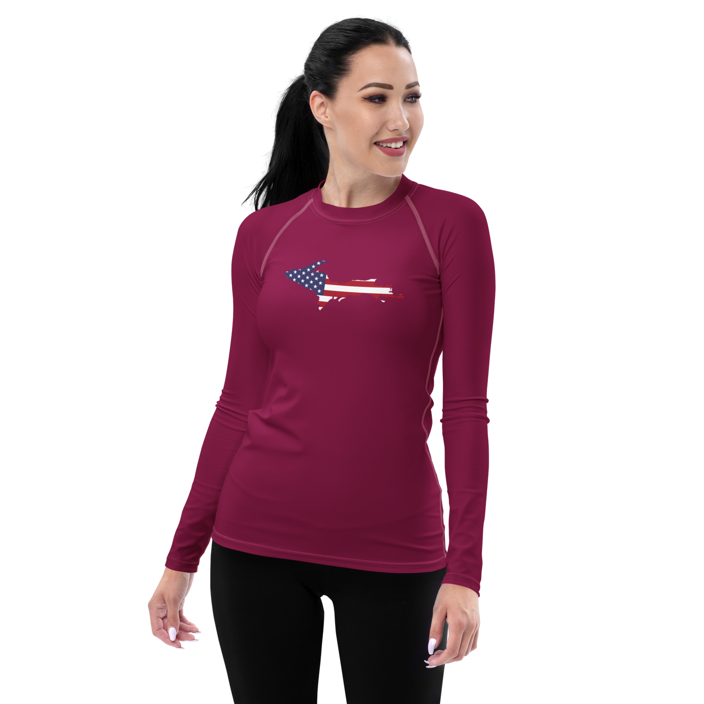 Michigan Upper Peninsula Rash Guard (w/ UP USA Flag) | Women's - Ruby Red