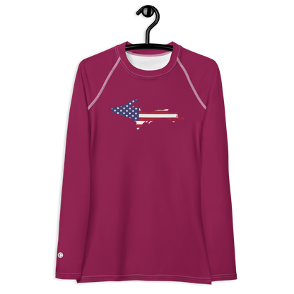 Michigan Upper Peninsula Rash Guard (w/ UP USA Flag) | Women's - Ruby Red