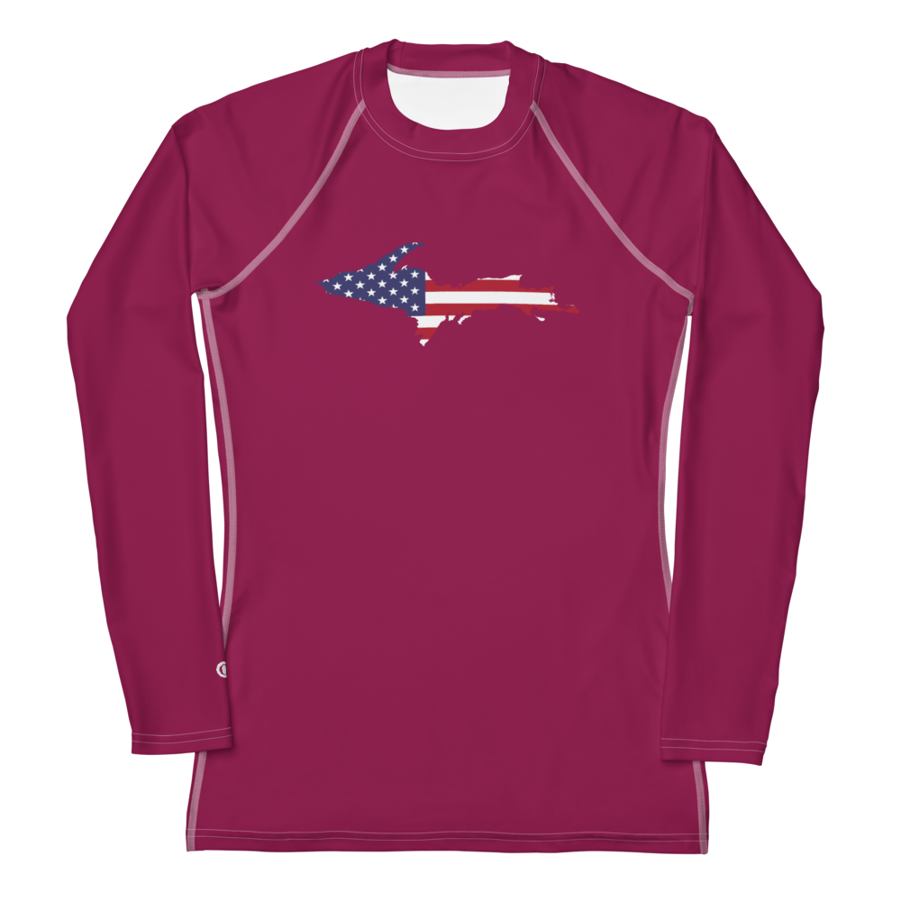 Michigan Upper Peninsula Rash Guard (w/ UP USA Flag) | Women's - Ruby Red