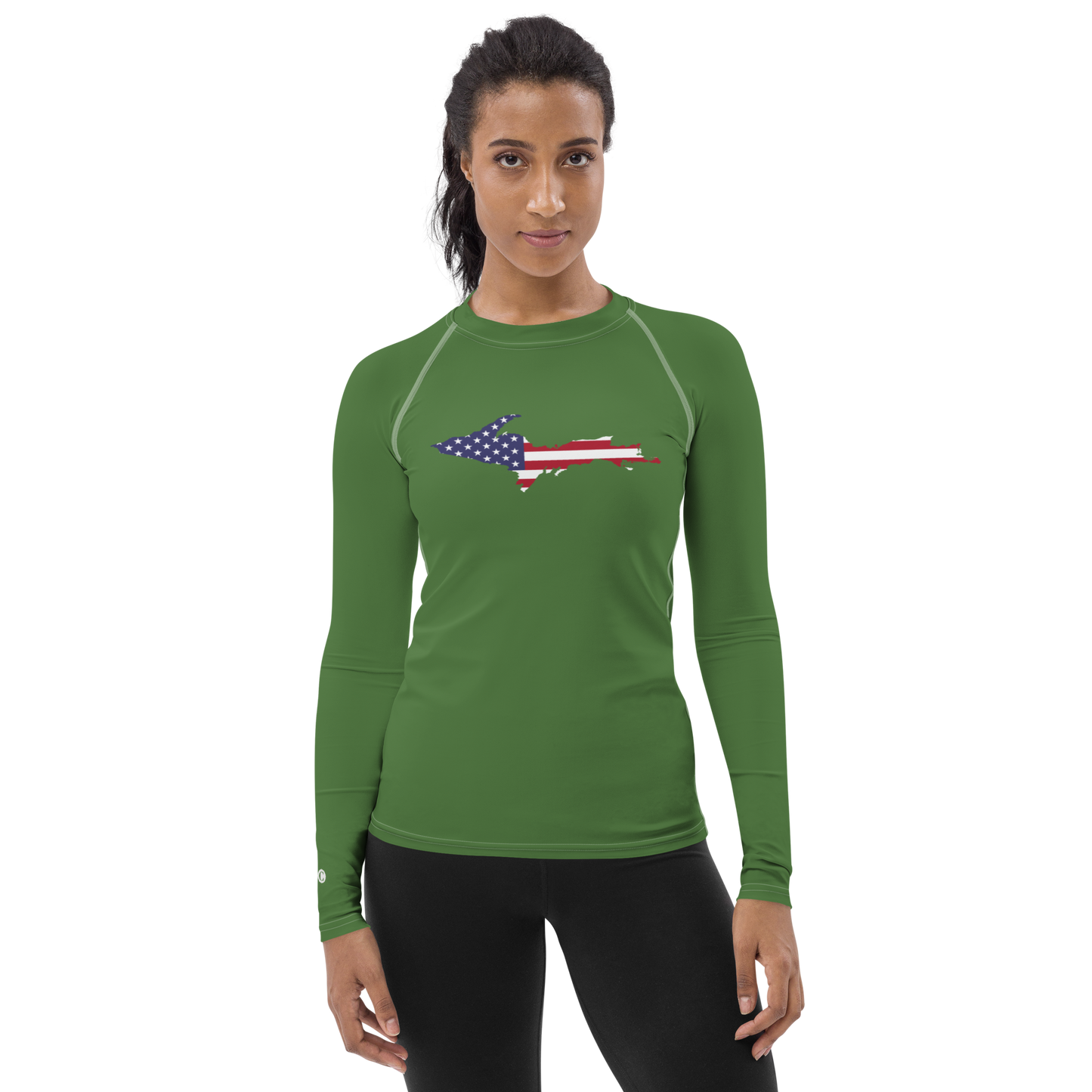 Michigan Upper Peninsula Rash Guard (w/ UP USA Flag) | Women's - Pine Green