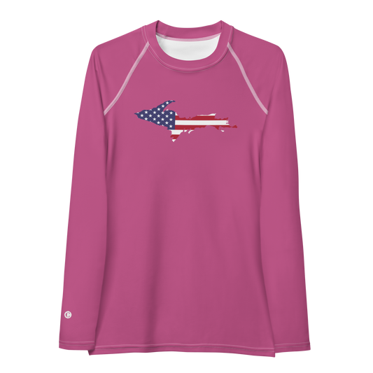 Michigan Upper Peninsula Rash Guard (w/ UP USA Flag) | Women's - Apple Blossom Pink