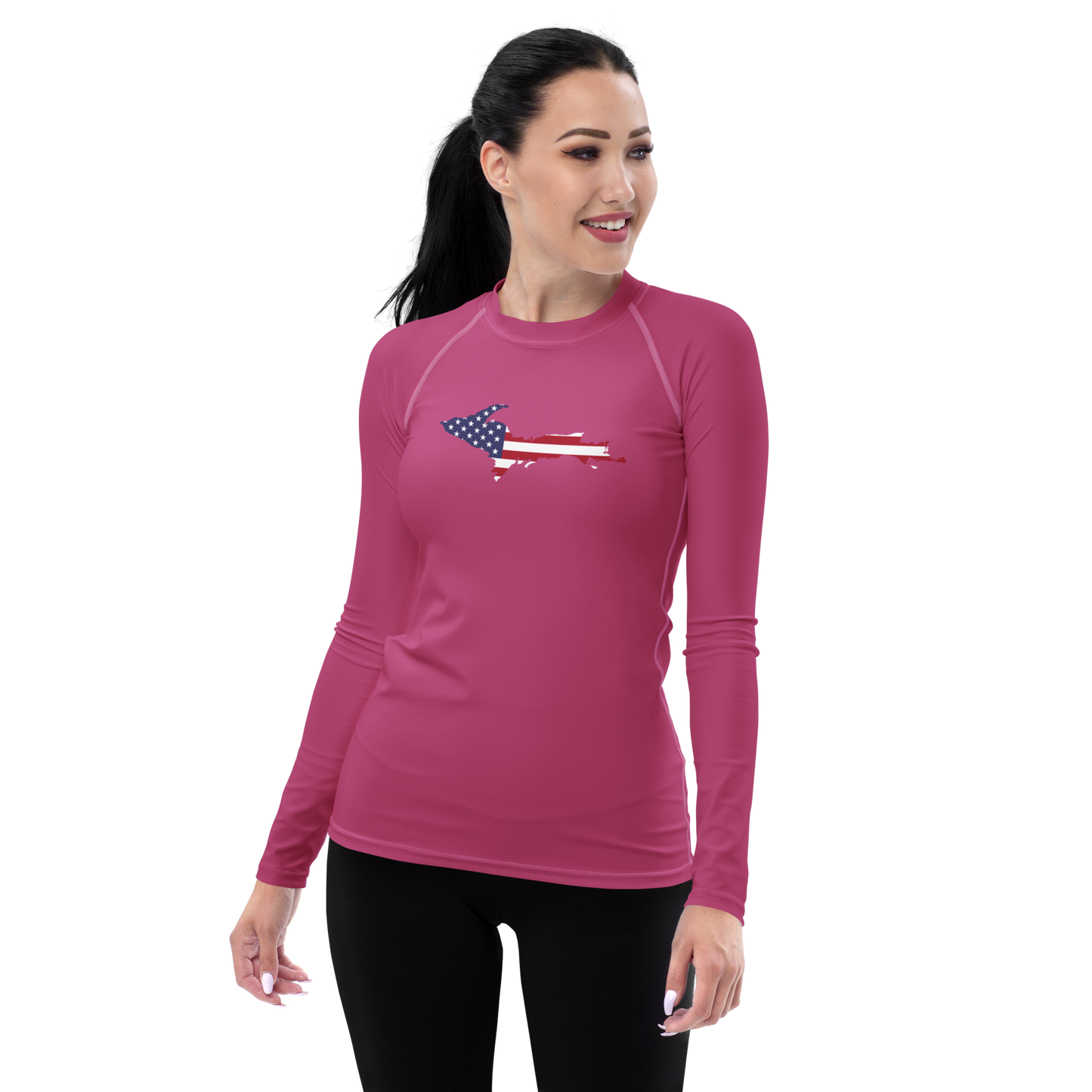 Michigan Upper Peninsula Rash Guard (w/ UP USA Flag) | Women's - Apple Blossom Pink